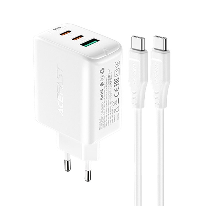 Acefast Super Fast Charging Set A13 hálózati töltő, PD, QC 3.0, AFC, FCP, Type-C kábel, 2x Type-C + USB, 65W, Fehér