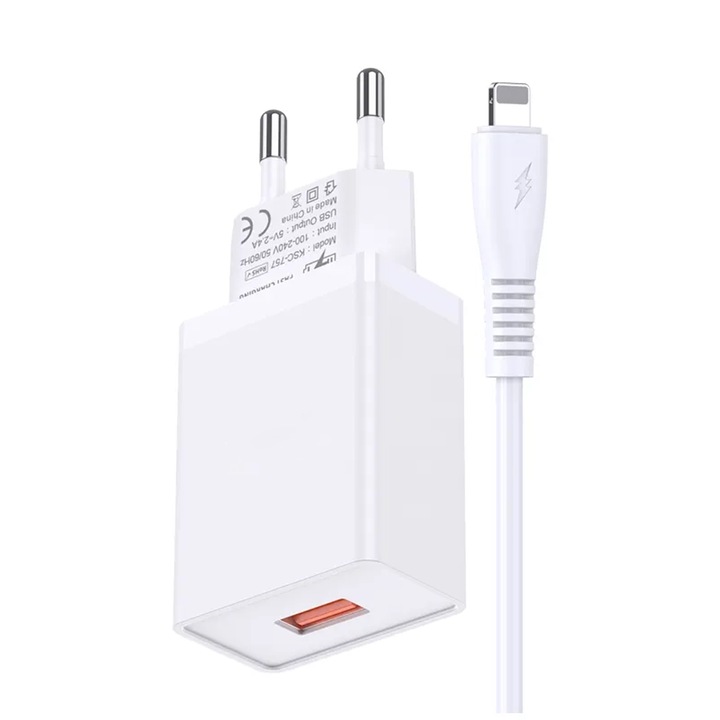 Smart Daden USB hálózati töltő, gyorstöltés 5V-2,4A, aljzatadapter, USB Lightning töltőkábellel, kompatibilis iPhone-nal, fehér