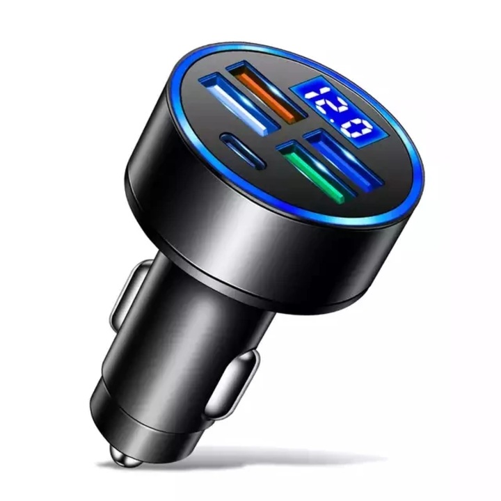 Incarcator auto 5-in-1 Fast Charger cu afisaj LCD, Type-C adaptor charger 15W, 4 porturi USB, negru