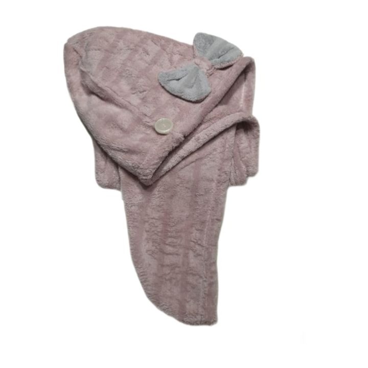 Prosop pentru uscat parul, cu nasture pentru fixare, pufos si moale la atingere, frumos accesorizat si foarte absorbant, 64 X 23 cm, lila