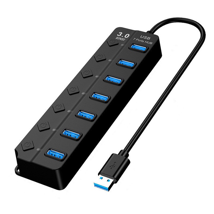 Hub USB 3.0, 7 in 1, comutator independent, HUB USB 7 porturi, interfata de alimentare DC 5V standby, KINSI, 30cm, negru