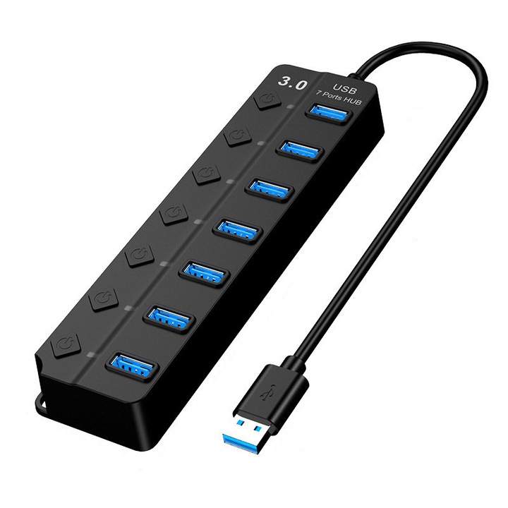 Hub USB 3.0, 7 in 1, comutator independent, HUB USB 7 porturi, interfata de alimentare DC 5V standby, KINSI, 30cm, negru