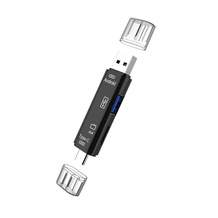 Четец на карти 3 в 1, USB 2.0, USB/Type C/Micro OTG/TF, KINSI, plug and play, черен