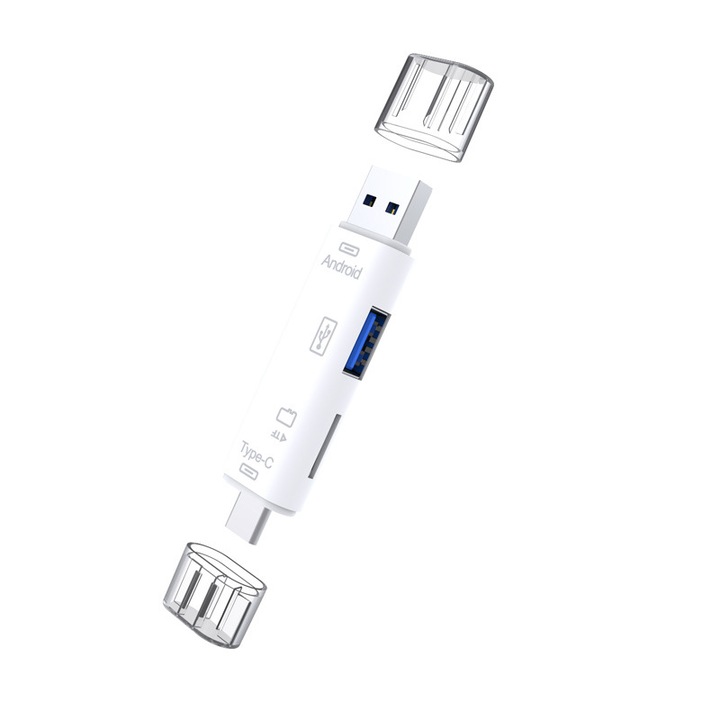 Хъб 3 в 1, USB 2.0 четец на карти, USB/Type C/Micro OTG/TF, KINSI, plug and play, бял