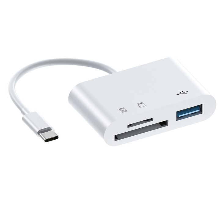 Хъб 3 в 1, четец на карти, USB-C/USB/OTG/TF/SD, KINSI, plug and play, бял