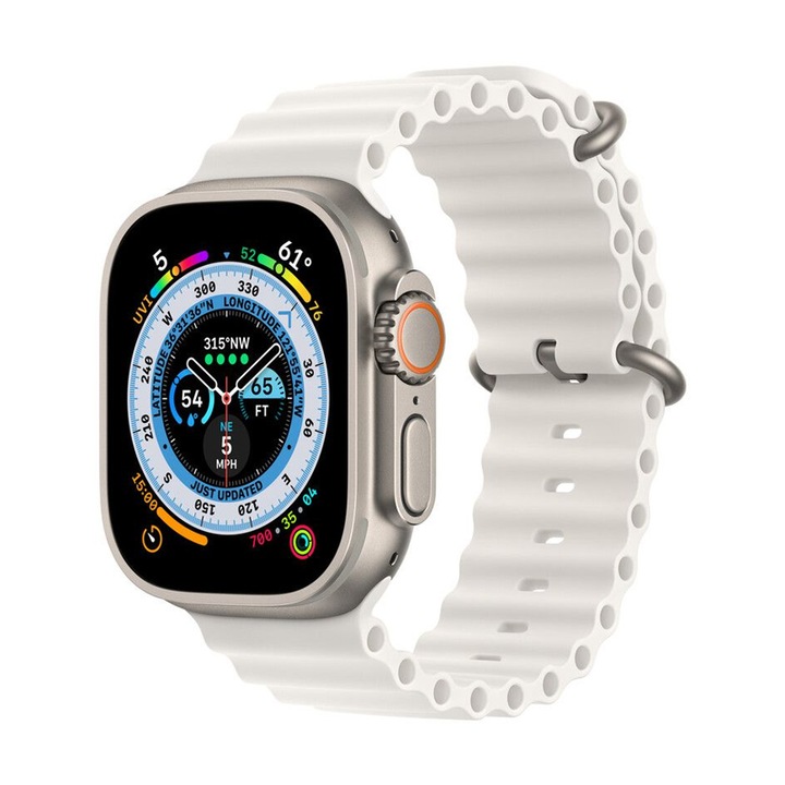 Curea compatibila cu Apple Watch 1 / 2 / 3 / 4 / 5 / 6 / 7 / 8 / SE / Ultra (42 mm / 44 mm / 45 mm / 49 mm), Silicon durabil, Rezistenta la umiditate, Confortabila de purtat, Ajustabila, Alb