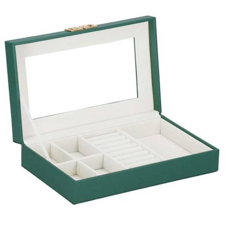 Springos Eco-bőr ékszerdoboz rekesszel, 23.5x14x5.5 cm, Zöld