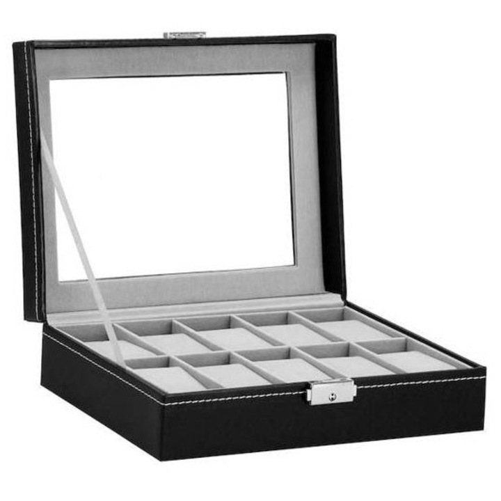 Springos Eco-bőr óradoboz rekesszel, 25x20x8 cm, Fekete/Szürke