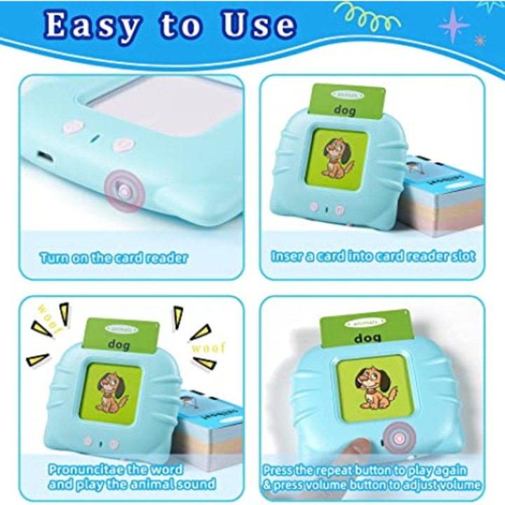 Set pentru invatare cuvinte in limba engleza, cititor de carduri, jucarie educativa pentru copii, Picodino, 114 bucati carduri flash 228 de cuvinte, STEM, 2 ani+, Albastru