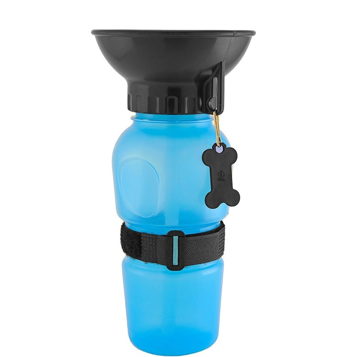 Преносимо шише за кученца, Zola®, 2в1, дръжка и купа за вода, синьо/черно, 500 ml