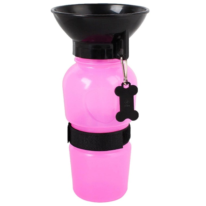 Преносимо шише за кученца, Zola®, 2в1, дръжка и купа за вода, розово/черно, 500 ml