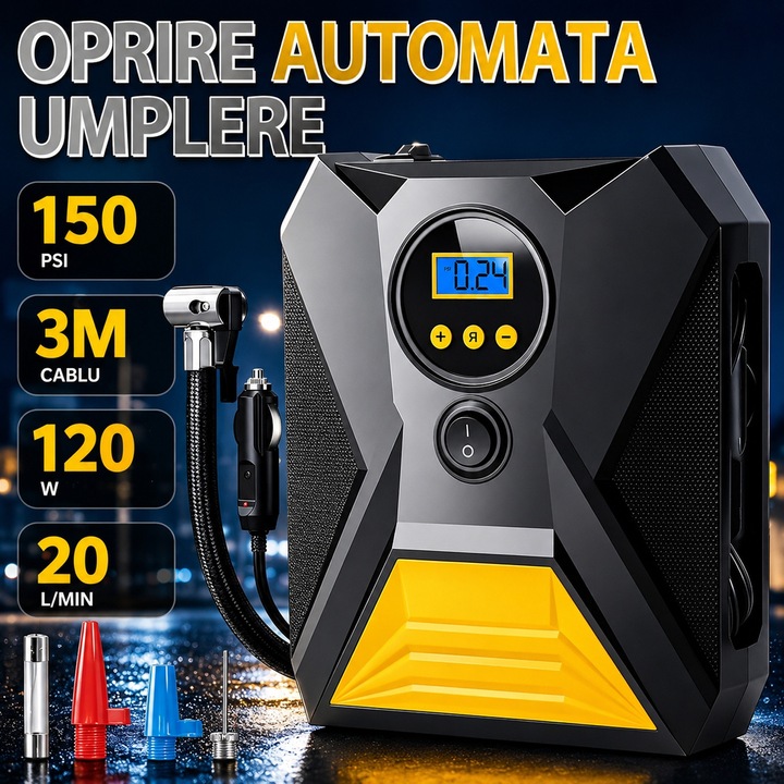 Compresor Auto 12V cu Afisaj Digital, BYONDSELF®, cu iluminare LED de lucru, 120W, maxim 10 bar / 150 PSI, lungime cablu 3m, 15×17.8cm, Negru