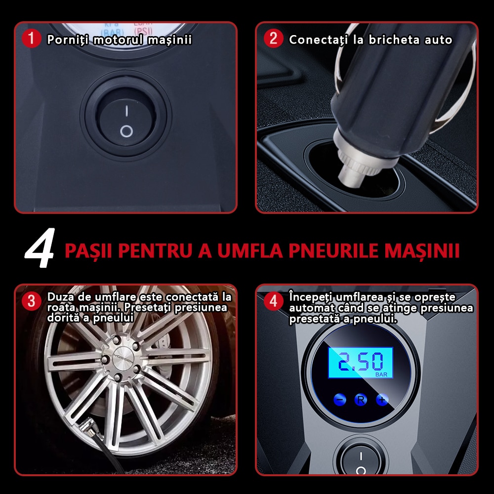 Compresor Auto Portabil Byondself Cu Iluminare Led De Lucru Afisaj