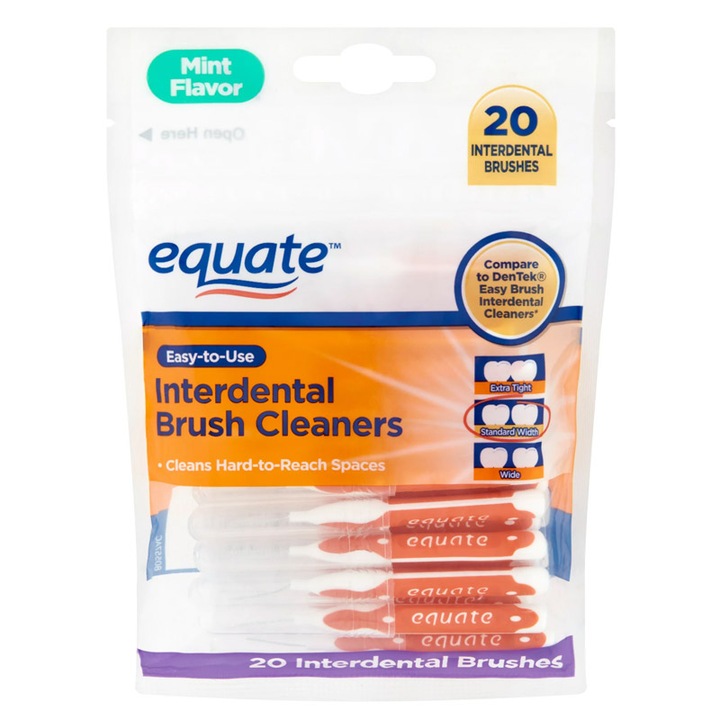 20 db-os fogközi kefe készlet, Equate, mélytisztításhoz, fedéllel, menta ízű, M-es méret, narancs