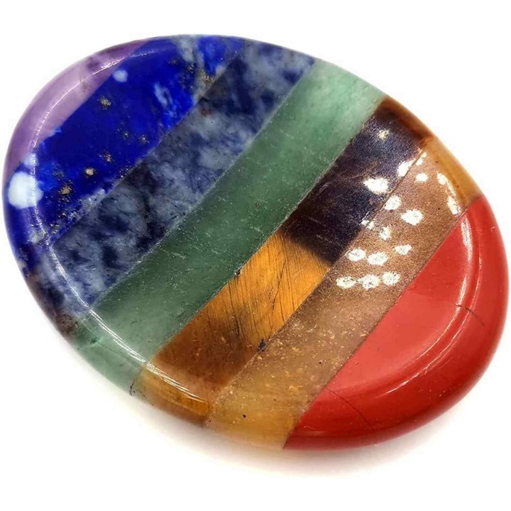 Forma ovala din pietre semipretioase 7 chakre pentru degetul mare - Utila pentru anxietate, meditatie, cristal natural de buzunar