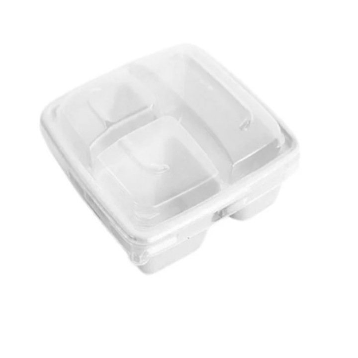 Caserole trestie biodegradabile, 3 compartimente cu capac transparent, 500buc, Practic Online