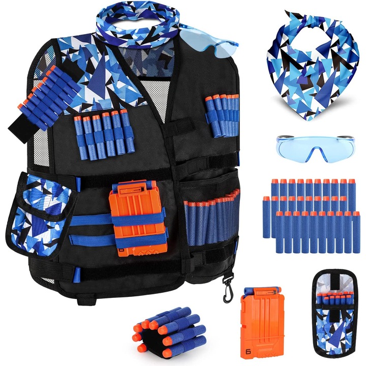 Set vesta tactica compatibila Nerf, cu 30 de sageti din burete, ochelari, incarcator, bratara, masca, albastra
