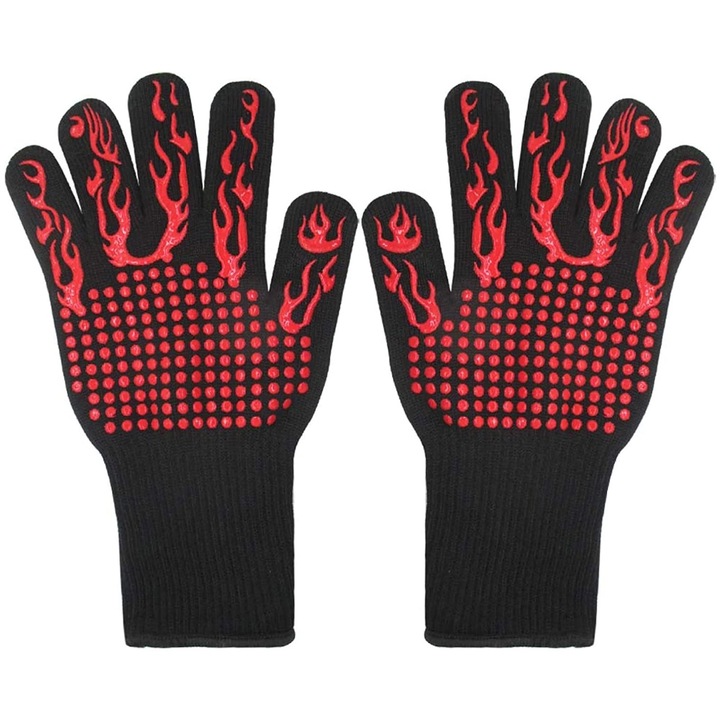 Darklove hőálló kesztyű grillezéshez és konyhához, 2 db csúszásgátló hővédő kesztyű, grillezőtárcsához/protap/bográcshoz alkalmas, univerzális méret, szilikon, piros