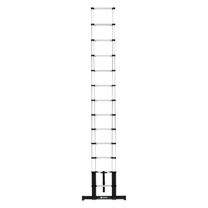 Teleszkópos létra VONROC, PRO, TL505XX, 3,80 m, csillapítással záródó, stabilizátorrúd, egyérintéses visszahúzás, változtatható magasság, softclose, nagyszerű stabilitás, gumi távtartók, alumínium
