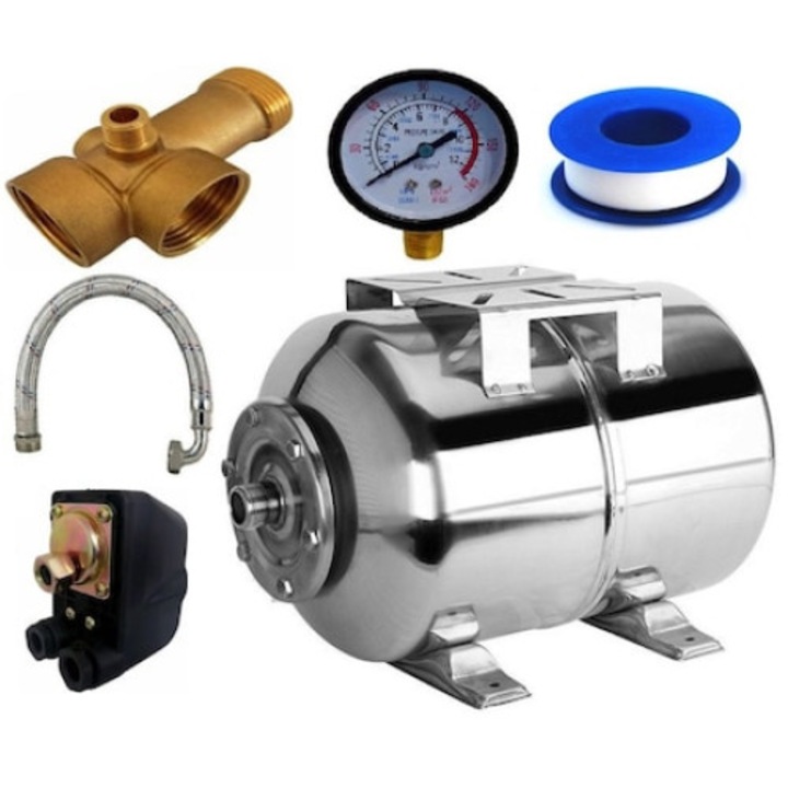 Set accesorii hidrofor, vas expansiune 50L inox Campion®, presostat, manometru, racord 5 cai bronz, furtun racord inox cu cot 60cm