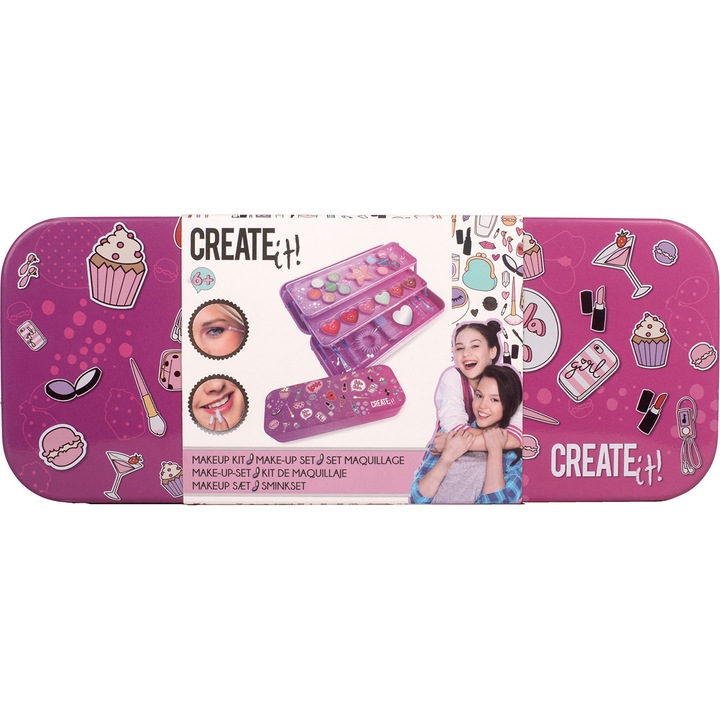 Create It Fém doboz, 3 rekesszel, sminkkel és lányoknak való kiegészítőkkel