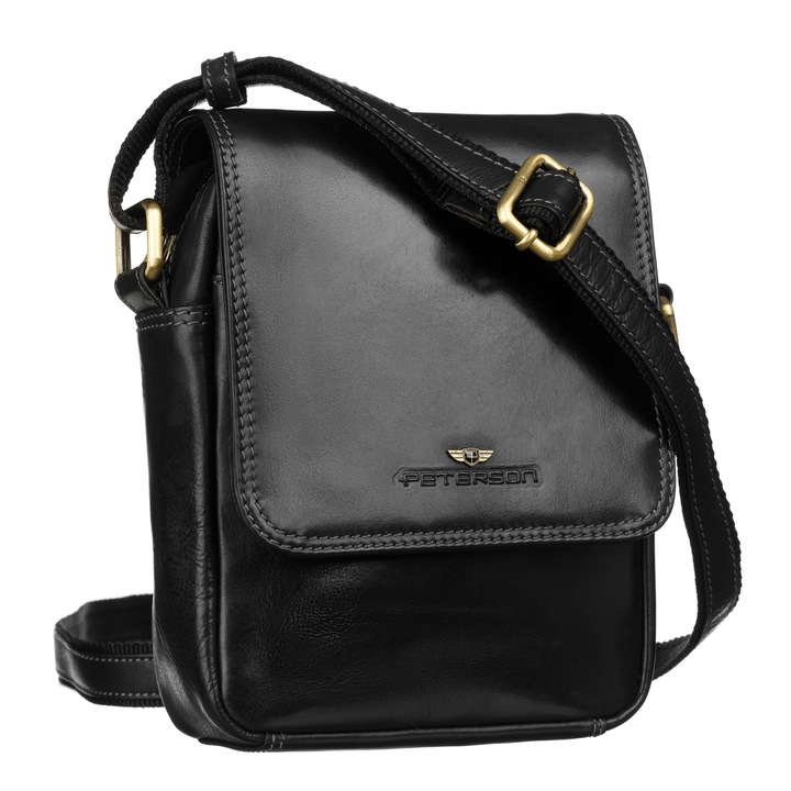 Geanta pentru barbati, piele naturala, negru, Peterson, 21 x 17 x 6 cm