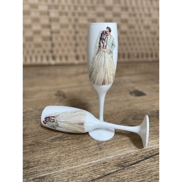 Set 2 pahare sampanie pentru nunta, miri, 220 ml