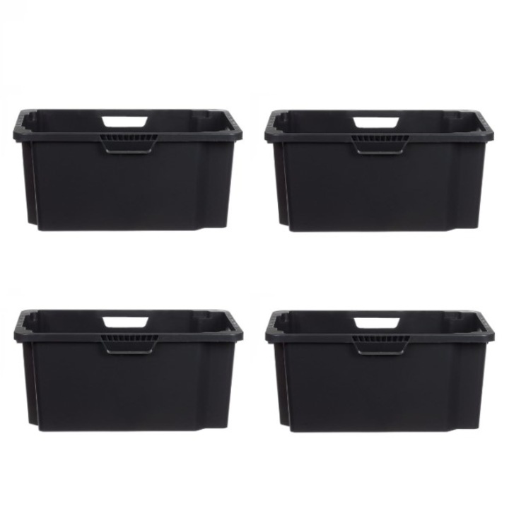 Set 4 Cutii depozitare, stivuibile, plastic dur, 50 litri, 60 cm x 30 cm x 40 cm, negru