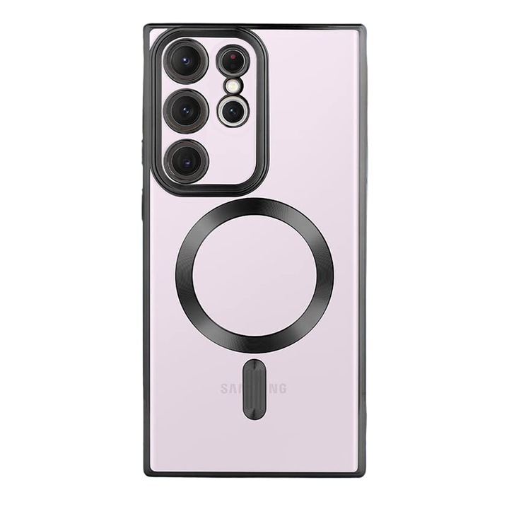 Daden® Magsafe Luxury tok, Samsung S23 Ultra kompatibilis, kameravédelemmel, ütésálló, átlátszó fekete szélekkel