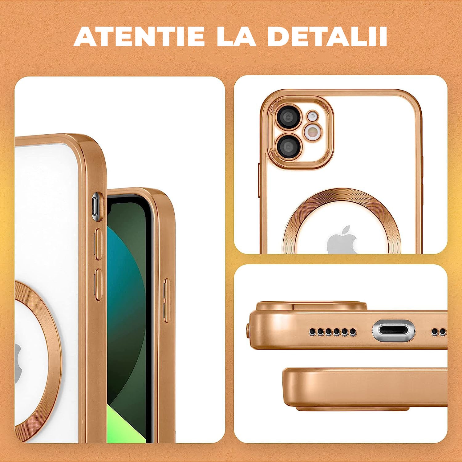 Set Folie plus Husa Magsafe Luxury compatibil Iphone 11 cu protectie camera, Antisoc, Transparent cu margini Auriu