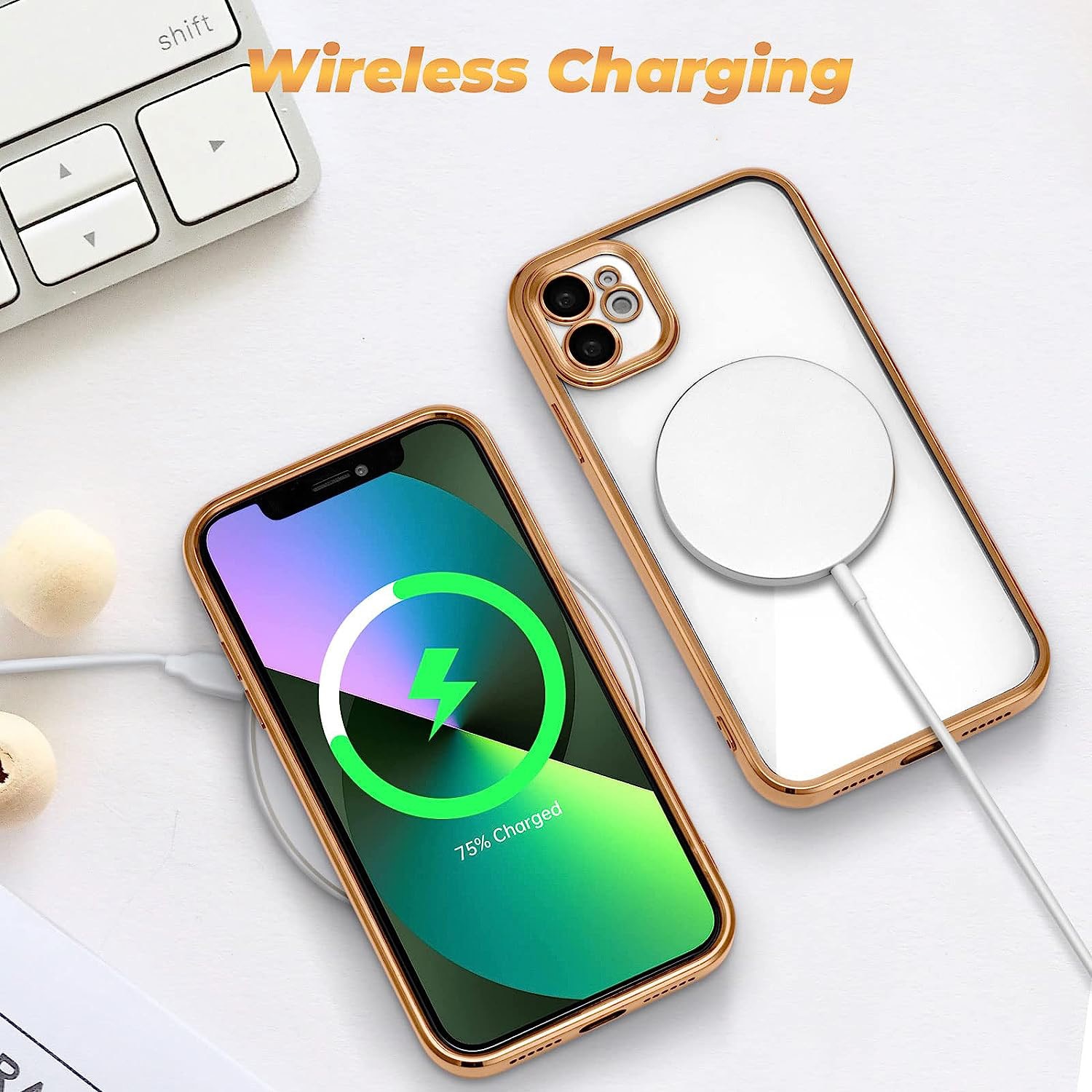 Set Folie plus Husa Magsafe Luxury compatibil Iphone 11 cu protectie camera, Antisoc, Transparent cu margini Auriu