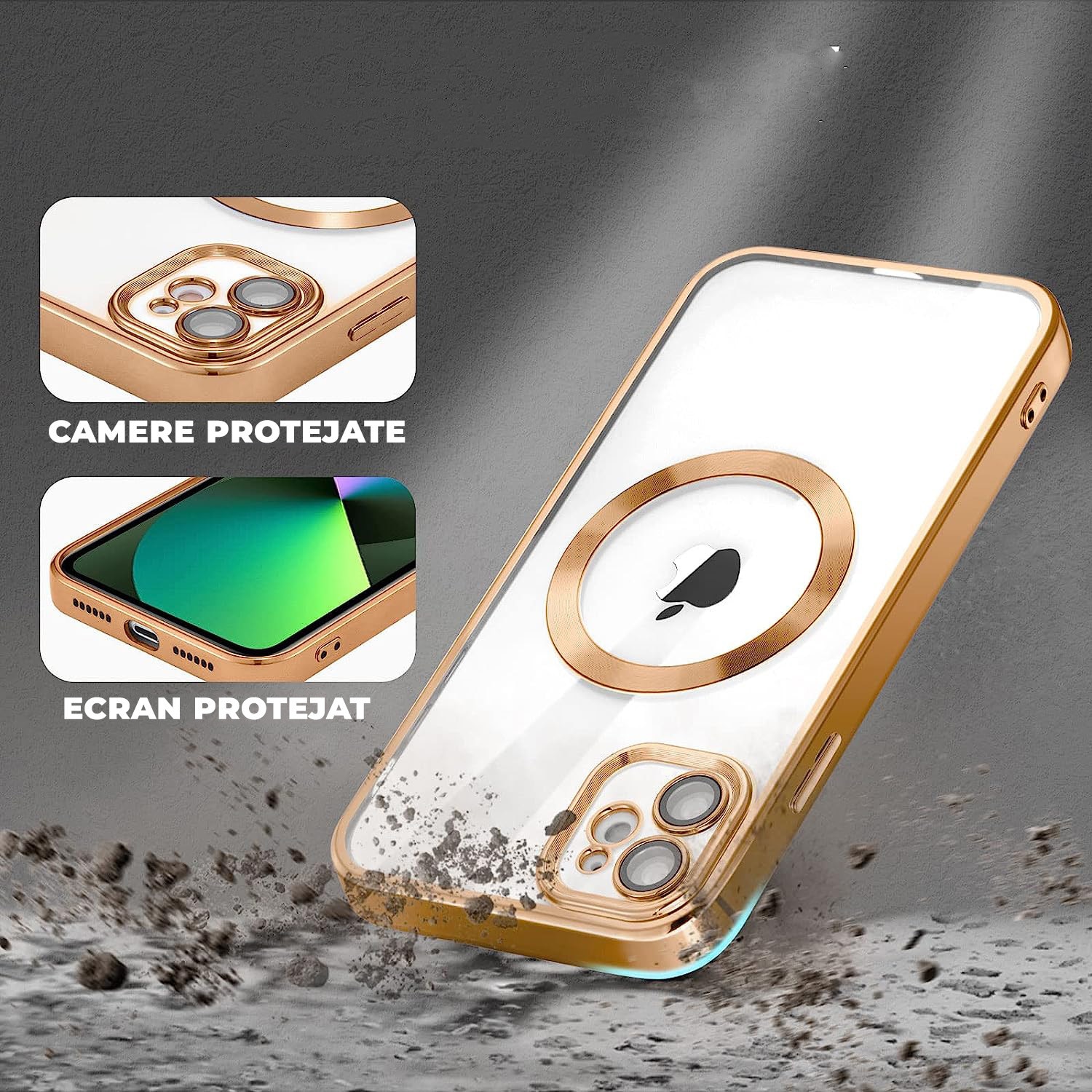 Set Folie plus Husa Magsafe Luxury compatibil Iphone 11 cu protectie camera, Antisoc, Transparent cu margini Auriu