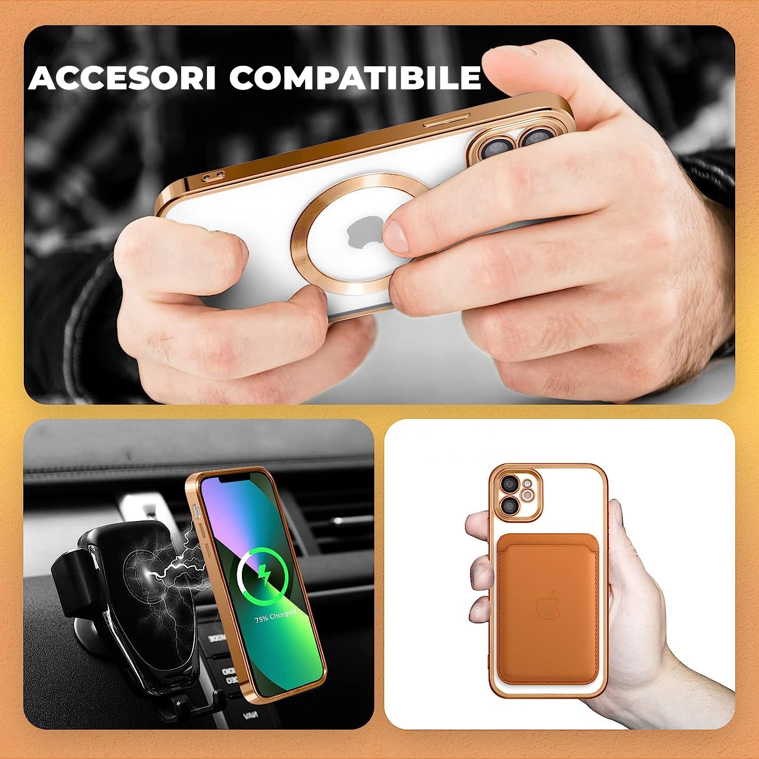 Set Folie plus Husa Magsafe Luxury compatibil Iphone 11 cu protectie camera, Antisoc, Transparent cu margini Auriu