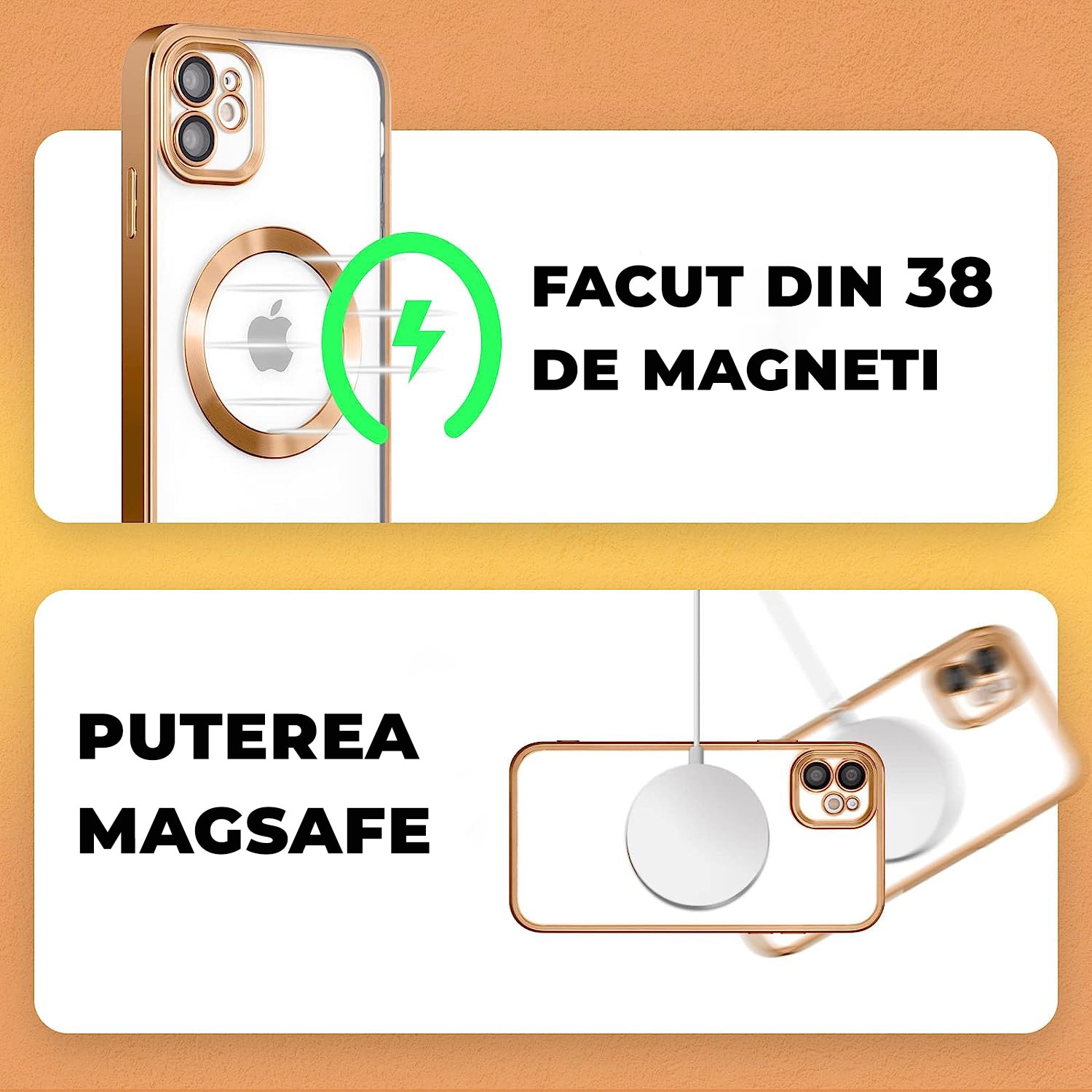 Set Folie plus Husa Magsafe Luxury compatibil Iphone 11 cu protectie camera, Antisoc, Transparent cu margini Auriu