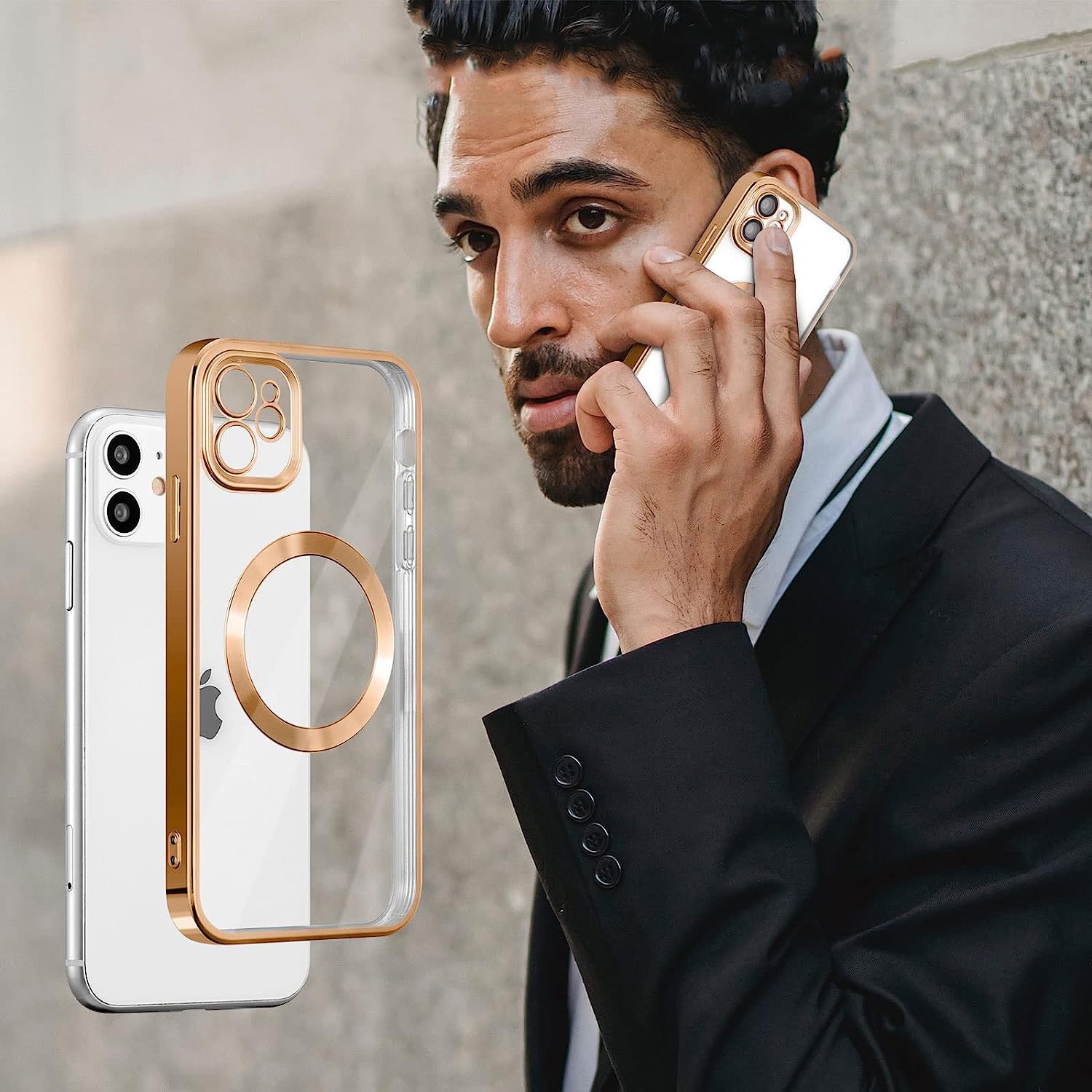 Set Folie plus Husa Magsafe Luxury compatibil Iphone 11 cu protectie camera, Antisoc, Transparent cu margini Auriu