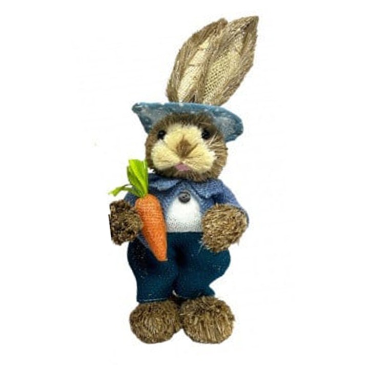 Декоративна сламена фигурка, Harley Rabbit с шапка и морков, 33 см, Кадифе, Син