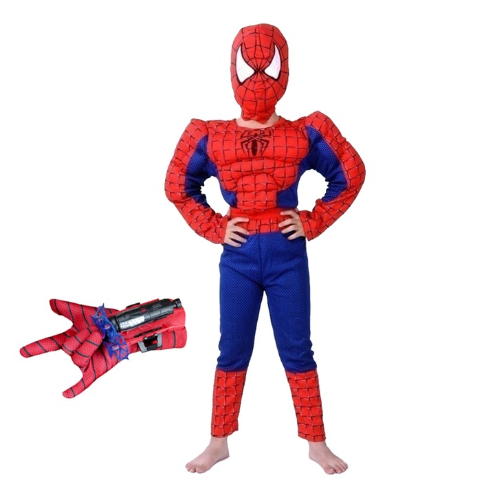 Set costum clasic Spiderman cu muschi, rosu si manusa cu ventuze, 5-7 ani, 110-120 cm