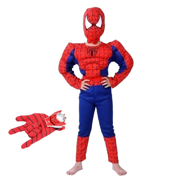 Set costum clasic Spiderman cu muschi, rosu si manusa cu discuri, 7-9 ani, 120-130 cm