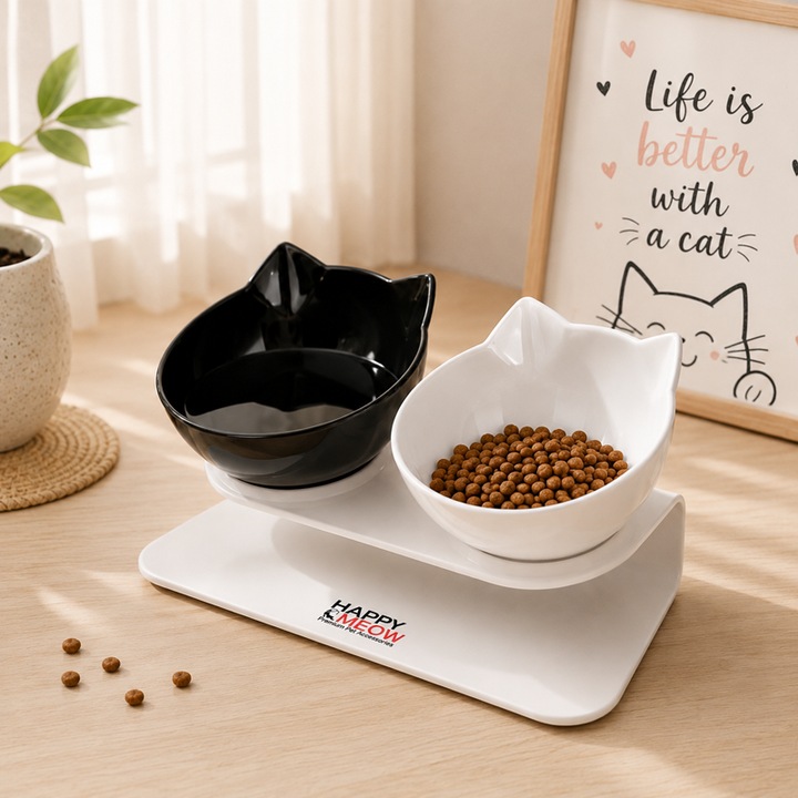 Set 2 boluri pentru pisici Happy Meow, inclinare de 15 grade, alb-negru, baza antiderapanta, plastic non-toxic, 350ml