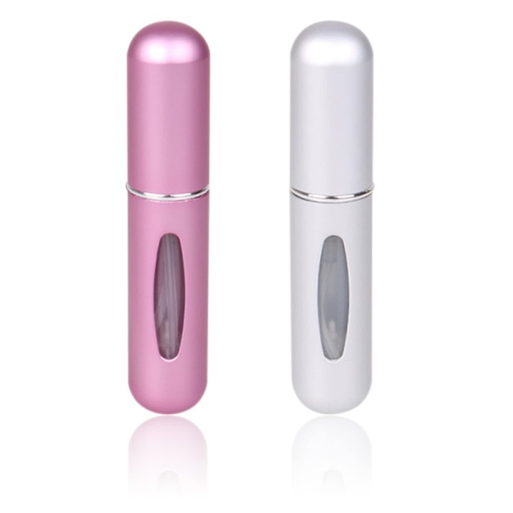 Set 2 sticle pentru parfum, Portabile, Sticla/Aluminiu, 5ml, Roz/Argintiu