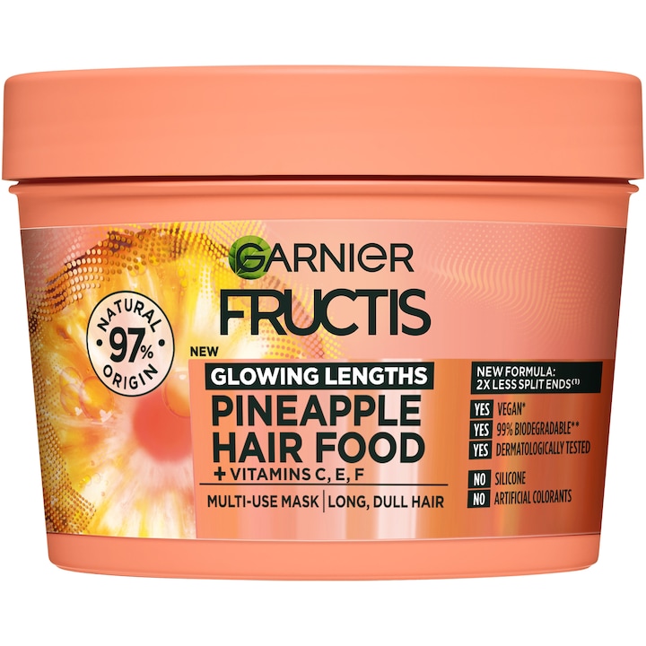 Masca pentru par Garnier Fructis Hair Food Ananas, pentru parul lung si lipsit de stralucire, 390 ml
