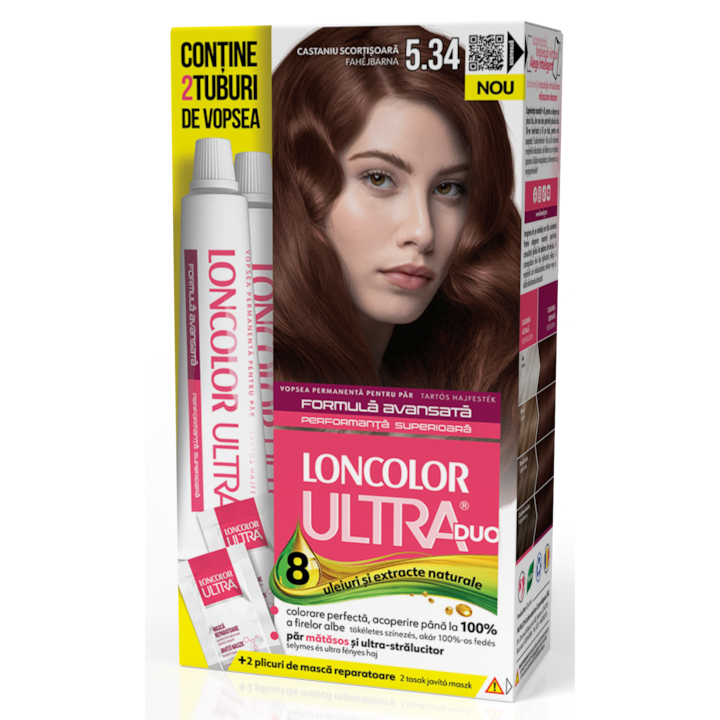Vopsea de Par Permanenta Loncolor Ultra Max 5.34 Castaniu Scortisoara, 200 ml