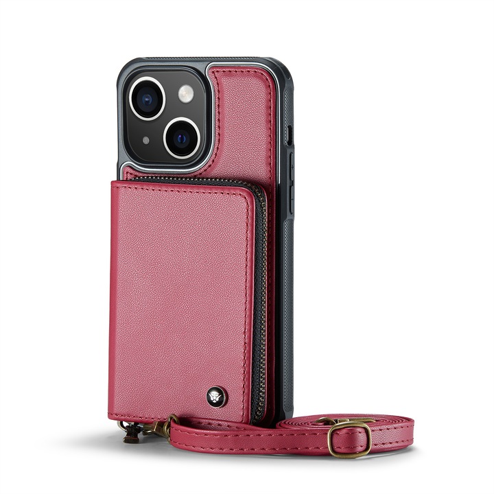 Калъф за iPhone 14 Plus, CaseMe, кожа с много фина текстура, заден капак с портфейл, джоб с цип, 2 подвижни презрамки, RFID защита, стойка, Червено