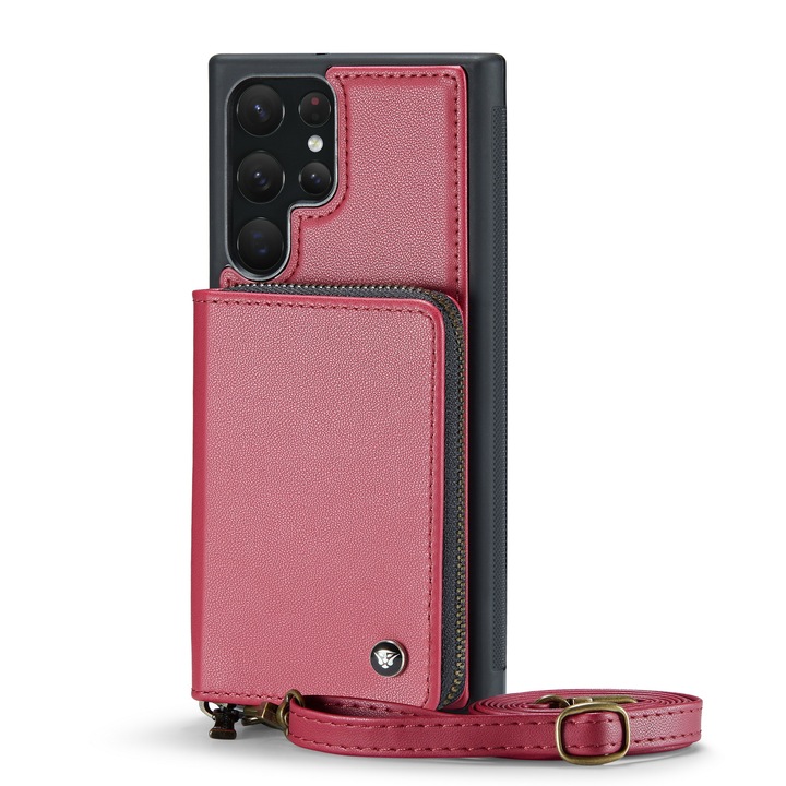 Калъф за Samsung Galaxy S22 Ultra, CaseMe, кожа с много фина текстура, заден капак с портфейл, джоб с цип, 2 подвижни презрамки, RFID защита, стойка, Червено
