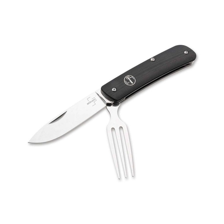 Cutit multifunctional Boker Plus Tech Tool Fork, lama otel Sandvik 12C27, maner G10 negru, furculita pliabila integrata, ideal pentru camping si picnic, clema inlocuibila, echilibru perfect, usor de curatat, companion perfect pentru aventur