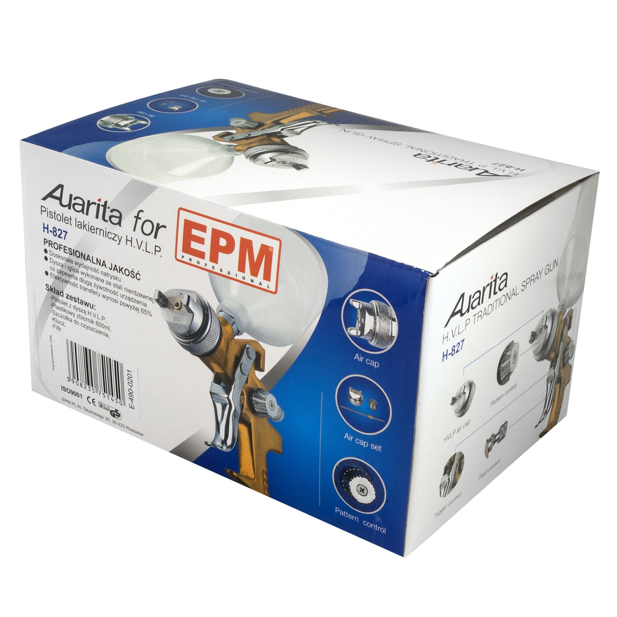 Пистолет за боя, EPM, HVLP H-827, стомана/пластмаса, 600 ml, бяло/злато ...