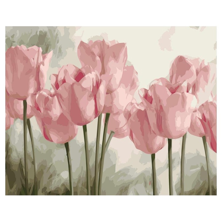 Set pictura dupa numere cu lalele, Artnapi, 40 x 50 cm, Roz/Verde