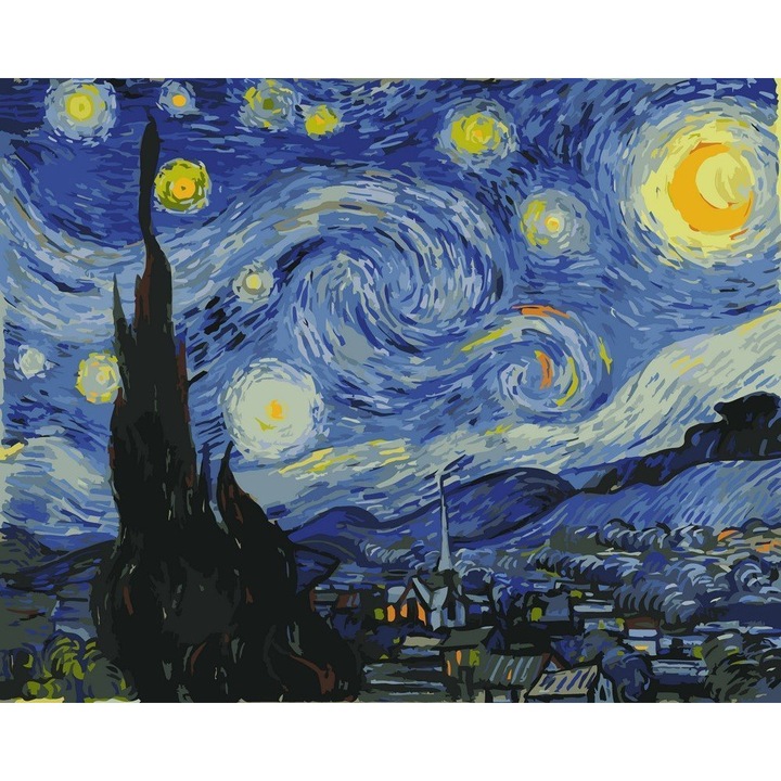 Set pictura dupa numere cu Noapte instelata Van Gogh, Artnapi, 40 x 50 cm, Multicolor