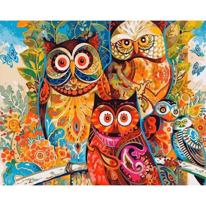 Set pictura dupa numere cu bufnite, Artnapi, 40 x 50 cm, Multicolor