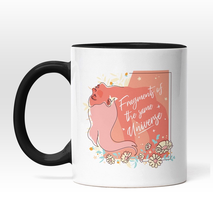 Cana Cu Arta Abstracta, Silueta Feminina Alecata Cu Parul In Jos, Flori Colorate, Text In Engleza Fragments Of The Same Univers, Self Love, Iubitorii De Sine, Multicolor, 330 ml, Maner Negru